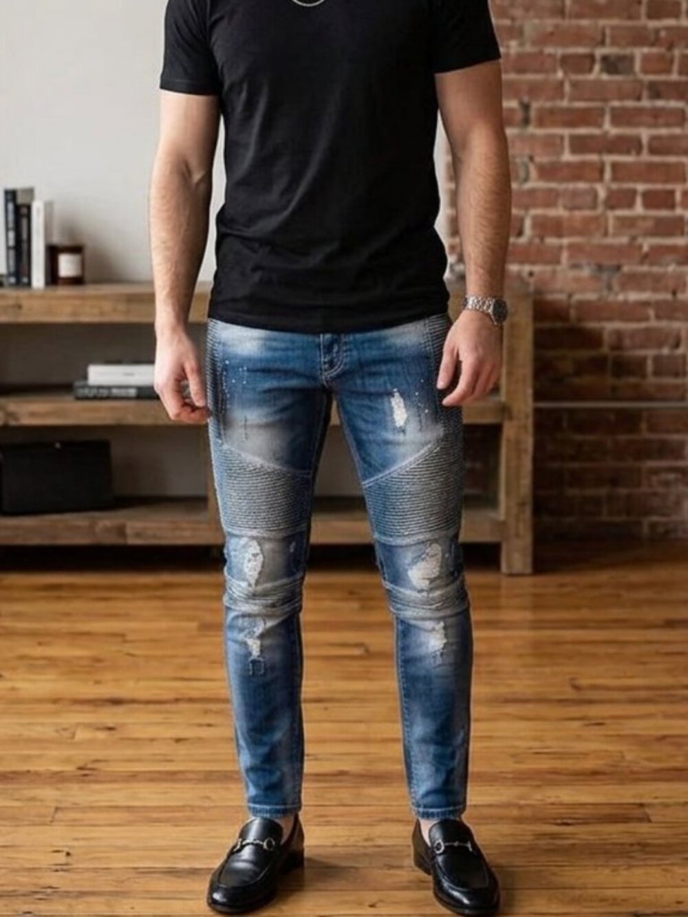 Represent Clo. Distressed Painted Biker Denim Jeans Blue Size 34